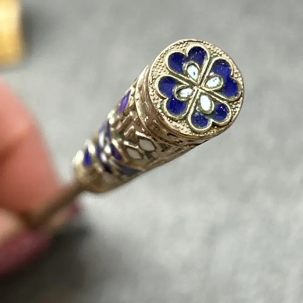 Vintage Cloisonne Enamel Long Handle Spoon Blue Floral Motif 5.25